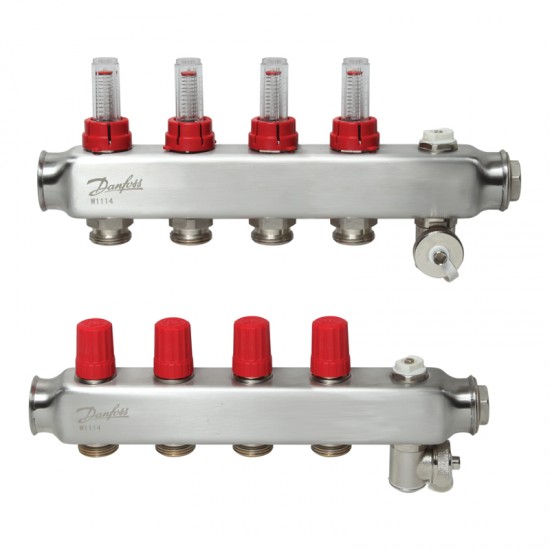 Danfoss 4 Ağızlı Yerden Isıtma Manifold Seti, Gidiş, Dönüş, Paslanmaz, Debimetreli, Hava Purjörleri üzerinde SSM 4F