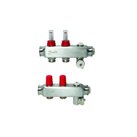 Danfoss 2 Ağızlı Yerden Isıtma manifold seti, Gidiş, Dönüş, Paslanmaz, Debimetreli, Hava purjörleri üzerinde SSM 2F