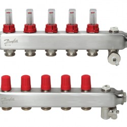 Danfoss 5 Ağızlı Yerden Isıtma manifold seti, Gidiş, Dönüş, Paslanmaz, Debimetreli, Hava purjörleri üzerinde SSM 5F