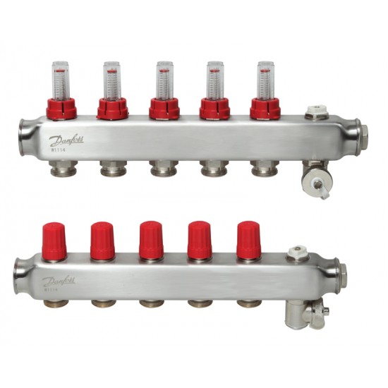 Danfoss 5 Ağızlı Yerden Isıtma manifold seti, Gidiş, Dönüş, Paslanmaz, Debimetreli, Hava purjörleri üzerinde SSM 5F