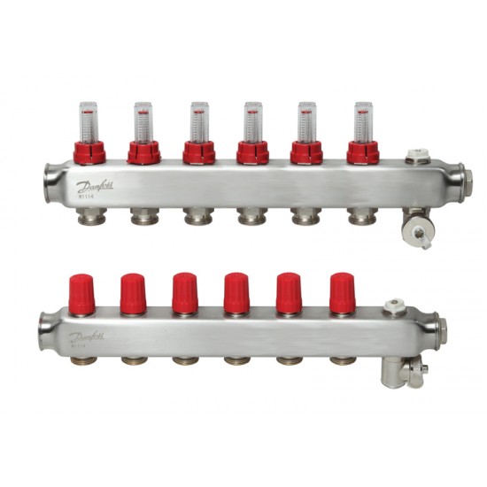 Danfoss 6 Ağızlı Yerden Isıtma Manifold Seti, Gidiş, Dönüş, Paslanmaz, Debimetreli, Hava purjörleri üzerinde SSM 6F 