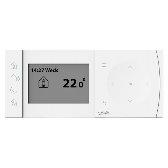 Danfoss TPOne-RF+RX1-S LCD ekranlı programlanabilir Yerden Isıtma kablosuz oda termostatı, Esnek günlük ve haftalık programlama. 5-35°C Ayar aralığı. 